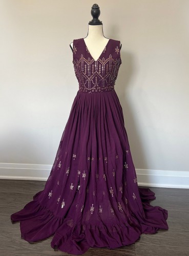Party wear gown with dupatta embellished with mirror work in wine colour