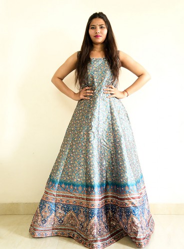 Light Turquoise Blue Printed Silk Gown