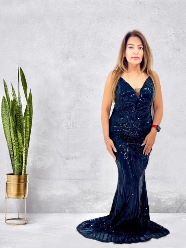 Blue Color Women Sequin Party Dress V-Neck Sphagetti Strap Dress Sexy High Slit Dress Formal Evening Gowns