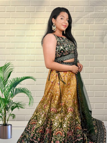 Green And Yellow Colored Beautifully Printed Lehenga