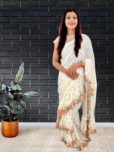 Off white and Pink Embellished Ruffles pure Georgette saree