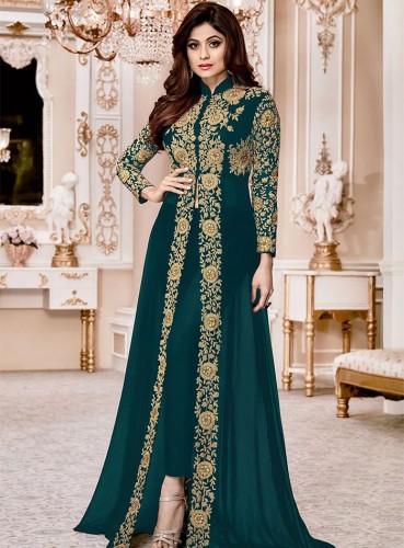 Embroidered Georgette Abaya Style Suit in Teal Blue