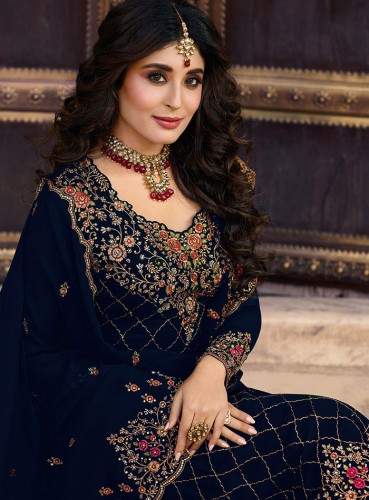 Navy Blue Embroidered Georgette Partywear Suit