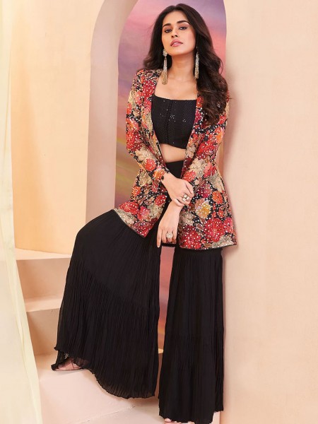 Digital Printed Georgette Crop Top set in Black