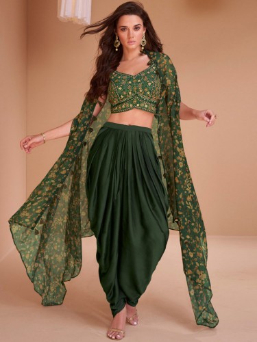 Green Satin Blend Embroidered Indowestern Sets and Suits Party Wear