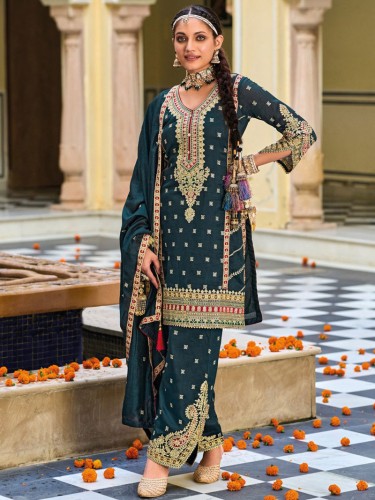 Teal Embroidered Sequins Silk Palazzo Suit Set