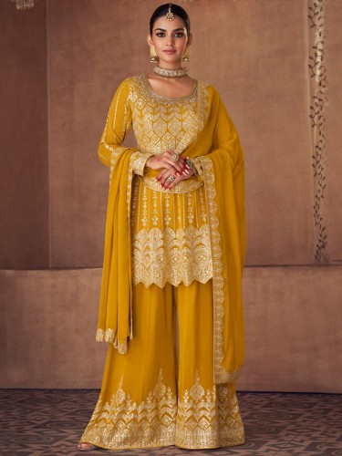 Mustard Yellow Heavy Embroidered Anarkali Plazzo Set