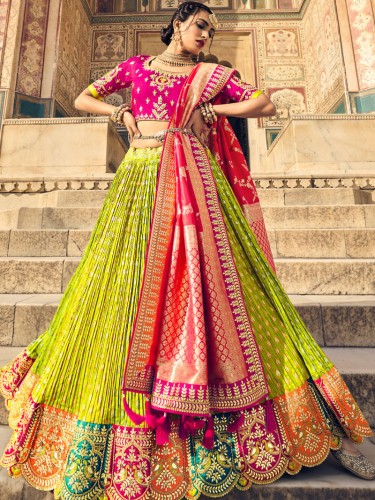 Beautiful Mehndi Green Embroidred Banarasi Lehenga