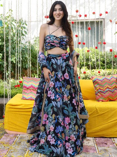 BLACK PRINTED LEHENGA SET