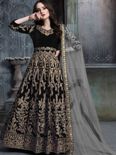 BlackEmbroidered Georgette Anarkali Suit