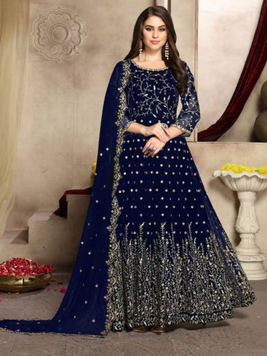 Navy Blue Embroidered Georgette Anarkali Suit