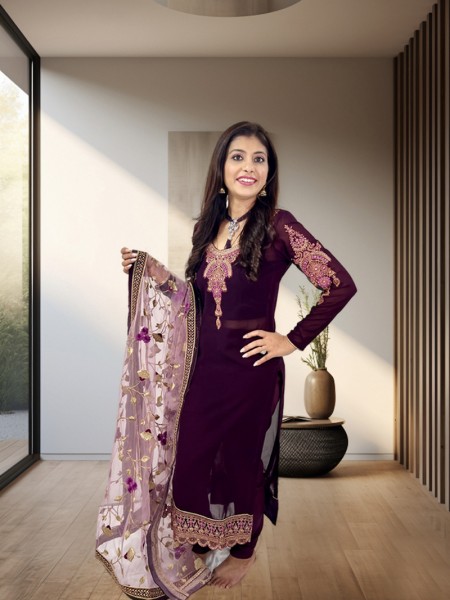 Dark Purple Satin Georgette Churidar Suit in Satin Georgette