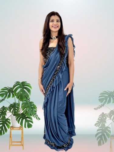 Grey and black saree with Embellished border with  stitched Blouse